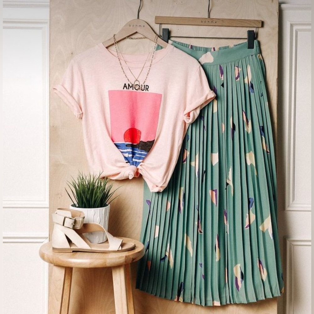 Print Pleated Turquoise Midi Skirt